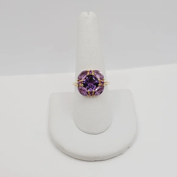 Genuine Amethyst Cluster RingYellow Gold Plated 925 Sterling Silver